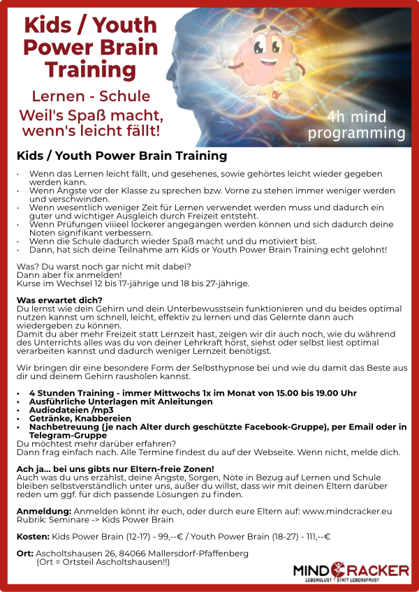 Kids Power Brain Training der MindCracker Hypnose Praxis, Regensburg, Ascholtshausen, Mallersdorf-Pfaffenberg, Niederbayern